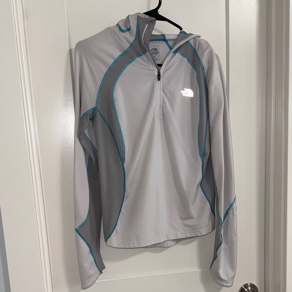 Gray and Blue North Face Hooded Pullover